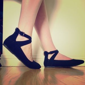 Black PU Suede Buckle Ankle Cross Strap Flats 10